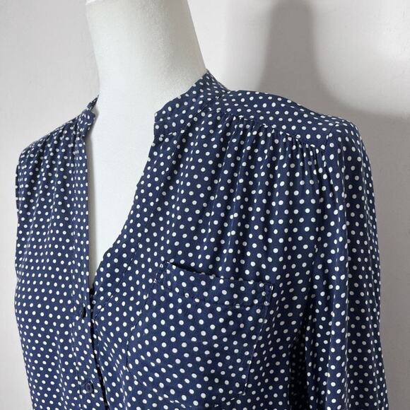 Market & Spruce Women's Top S Blue & White Polka Dot Roll Tab Sleeve 1/4 Button - Picture 4 of 9